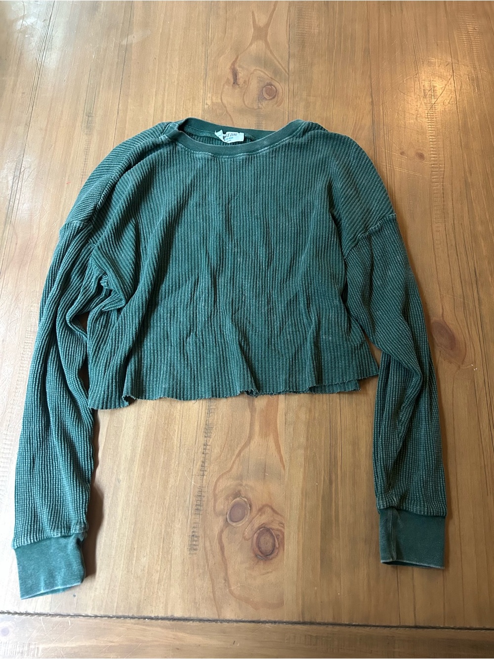 Double Zero Olive Green Waffle-Knit Cropped Long Sleeve Top